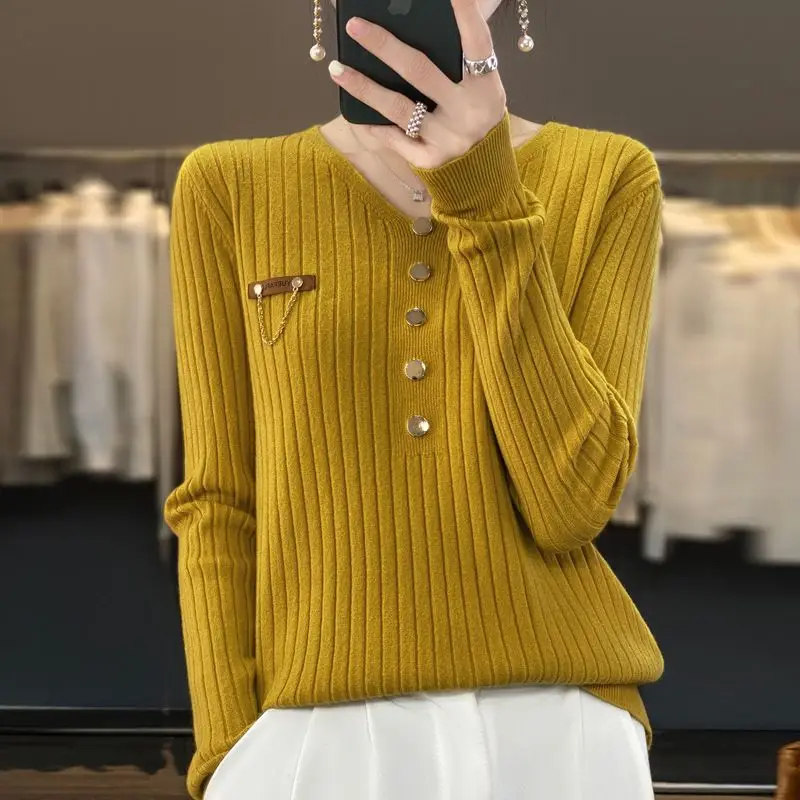 V Neck Button Patchwork All-match Pullovers Top Spring Autumn Long Sleeve Solid Elegant Sweaters Vintage Fashion Women Clothing