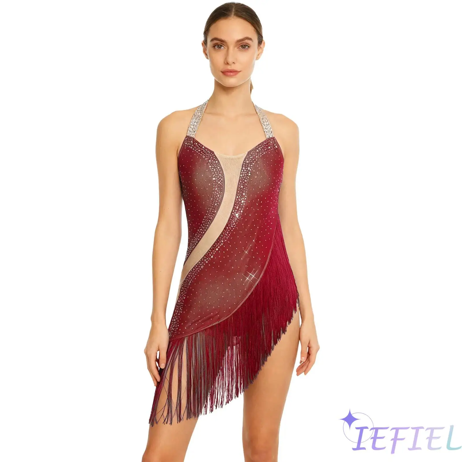 

Elegant Womens Latin Gymnastics Leotard Rhinestone Tassel Halter Backless Irregular Hem Bodysuit Jumpsuit Tango Latin Dancewear