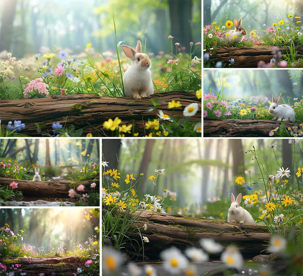 

Mehofond Photography Backdrop Easter Wildflowers Newborn Kids Birthday Party Wood Spring Rabbit Nature Forest Background Photo