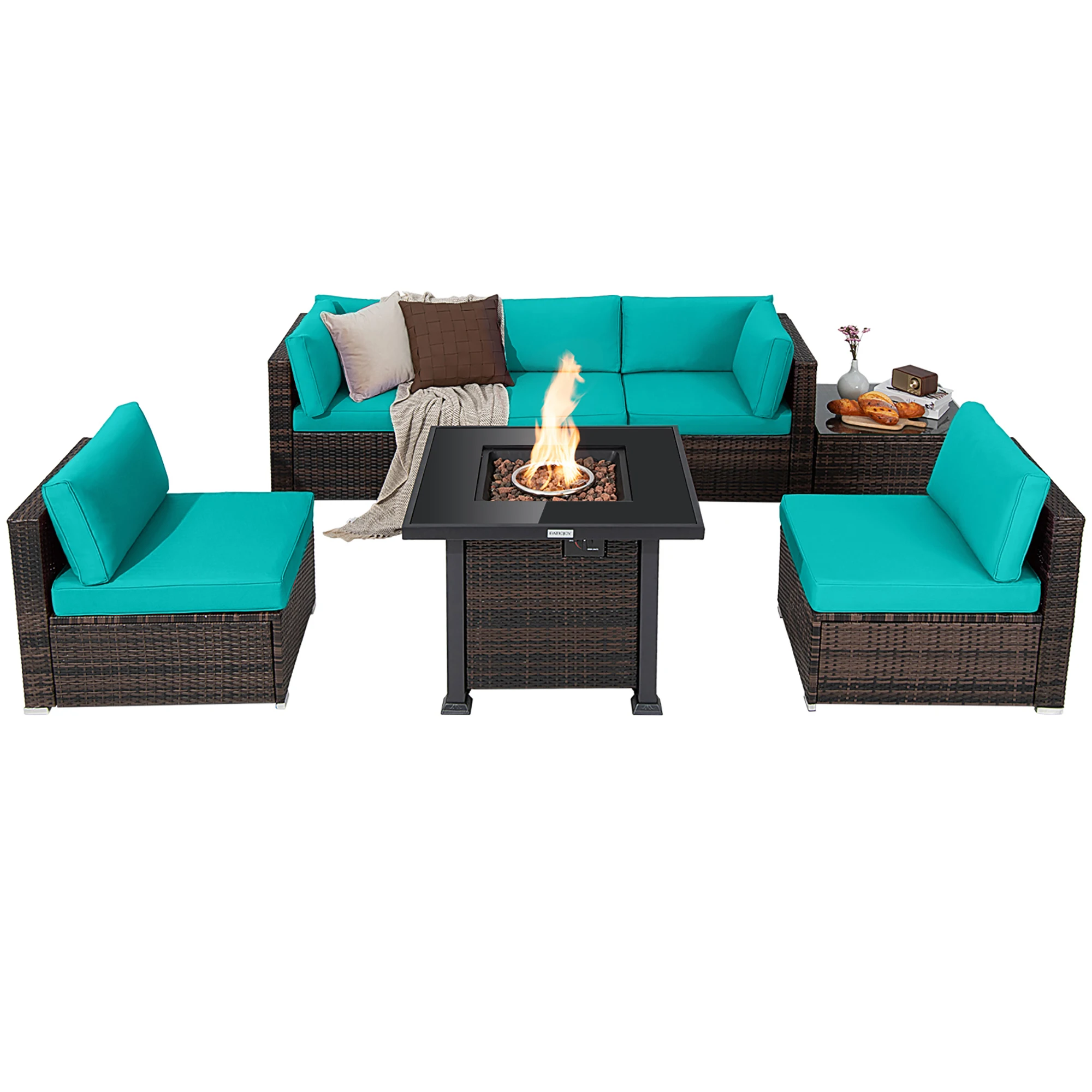 7PCS Patio Rattan Furniture Set Fire Pit Table Cover Glass Top Cushion Turquoise