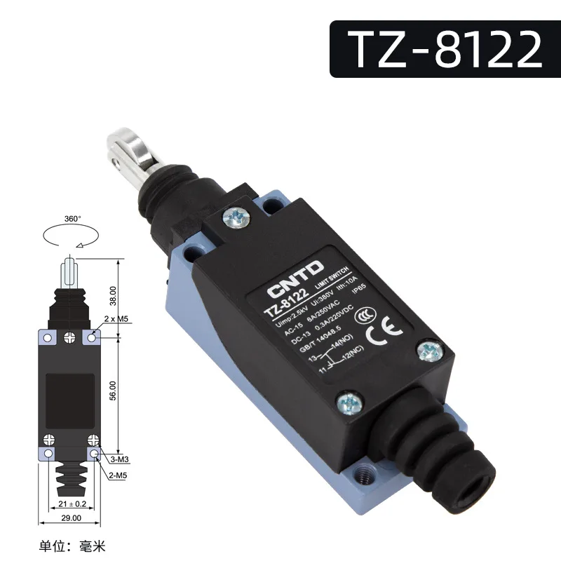 CNTD Changde Electric Appliance Limit Travel Switch Micro Switch TZ-8122 Waterproof Stainless Steel Wheel Industrial