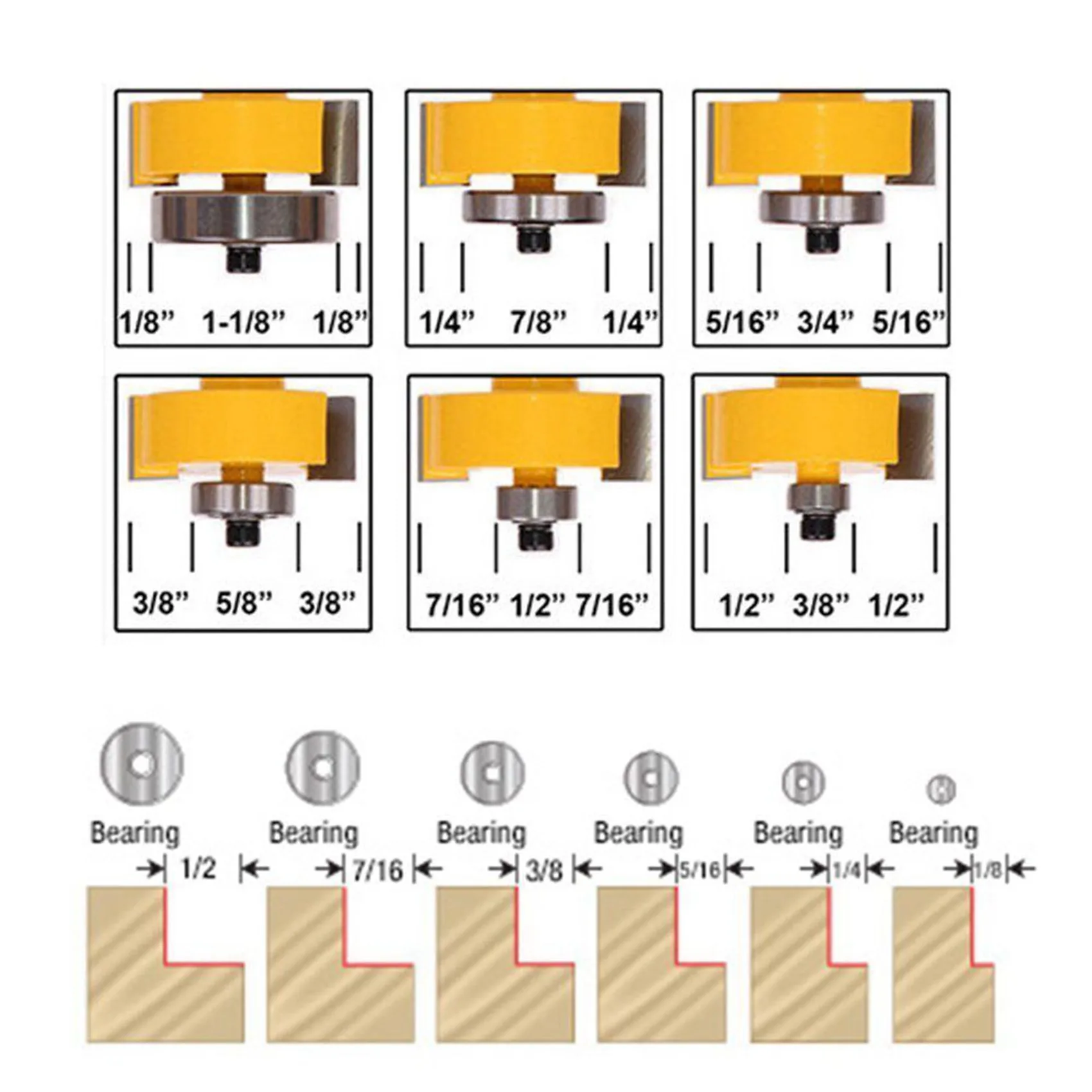 

Фреза с хвостовиком A02M-1/4 дюйма, 6 комплектов подшипников и 1 комплект пазов с хвостовиком 1/4 дюйма, 6 фрез в сборе