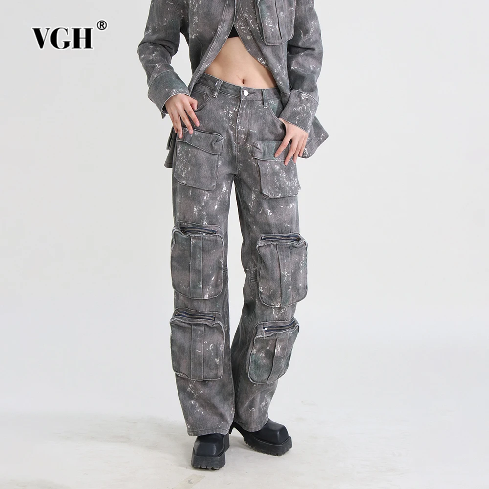 

VGH Camouflage Patchwork Pockets Loose Casual Trouser For Women High Waist Spliced Zipper Cargo Pants Female Fashion Style New