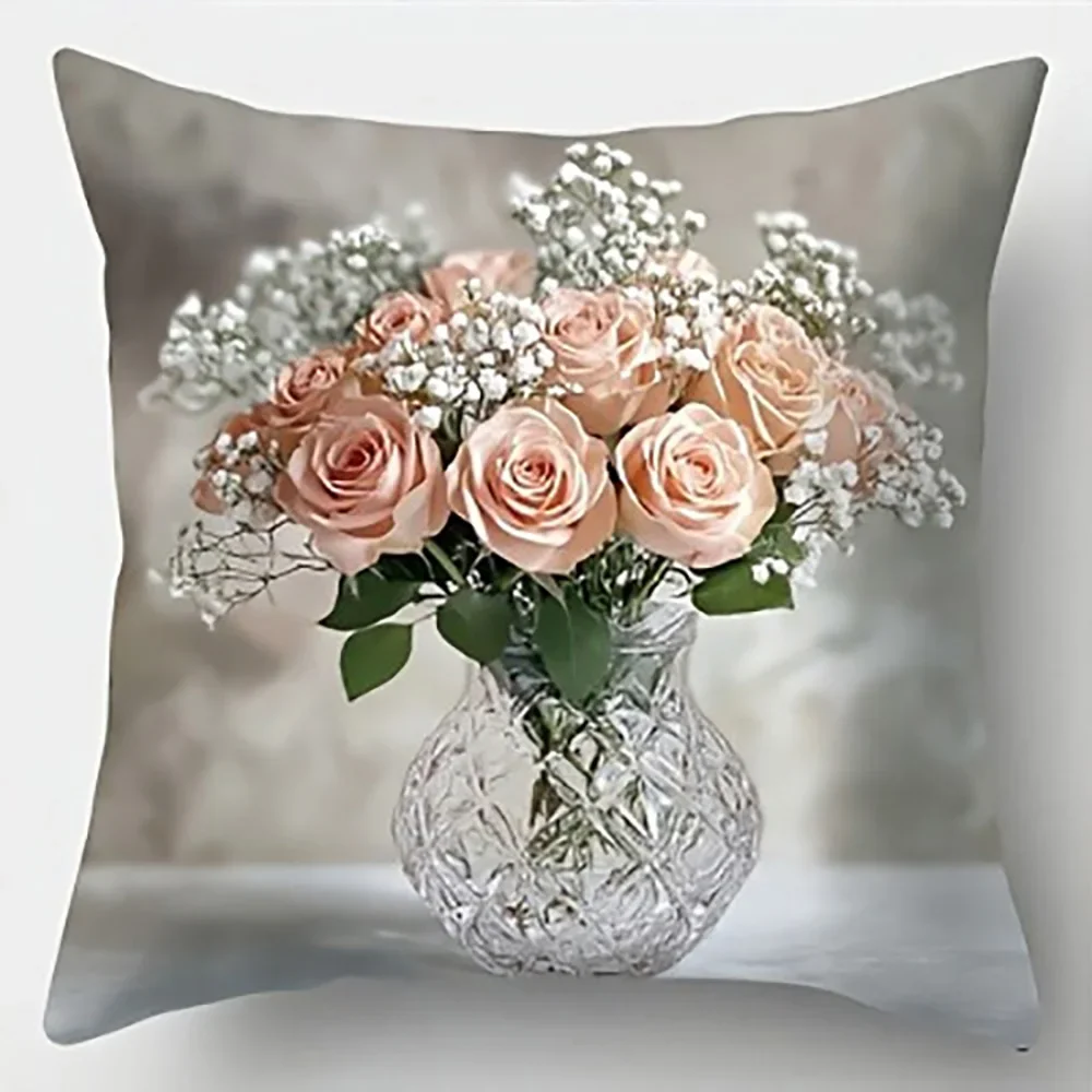 Vase of Pink Peonies on PillowSuitable for Sofa Car Bedroom Decorative Cushion Cover Pillow Cover