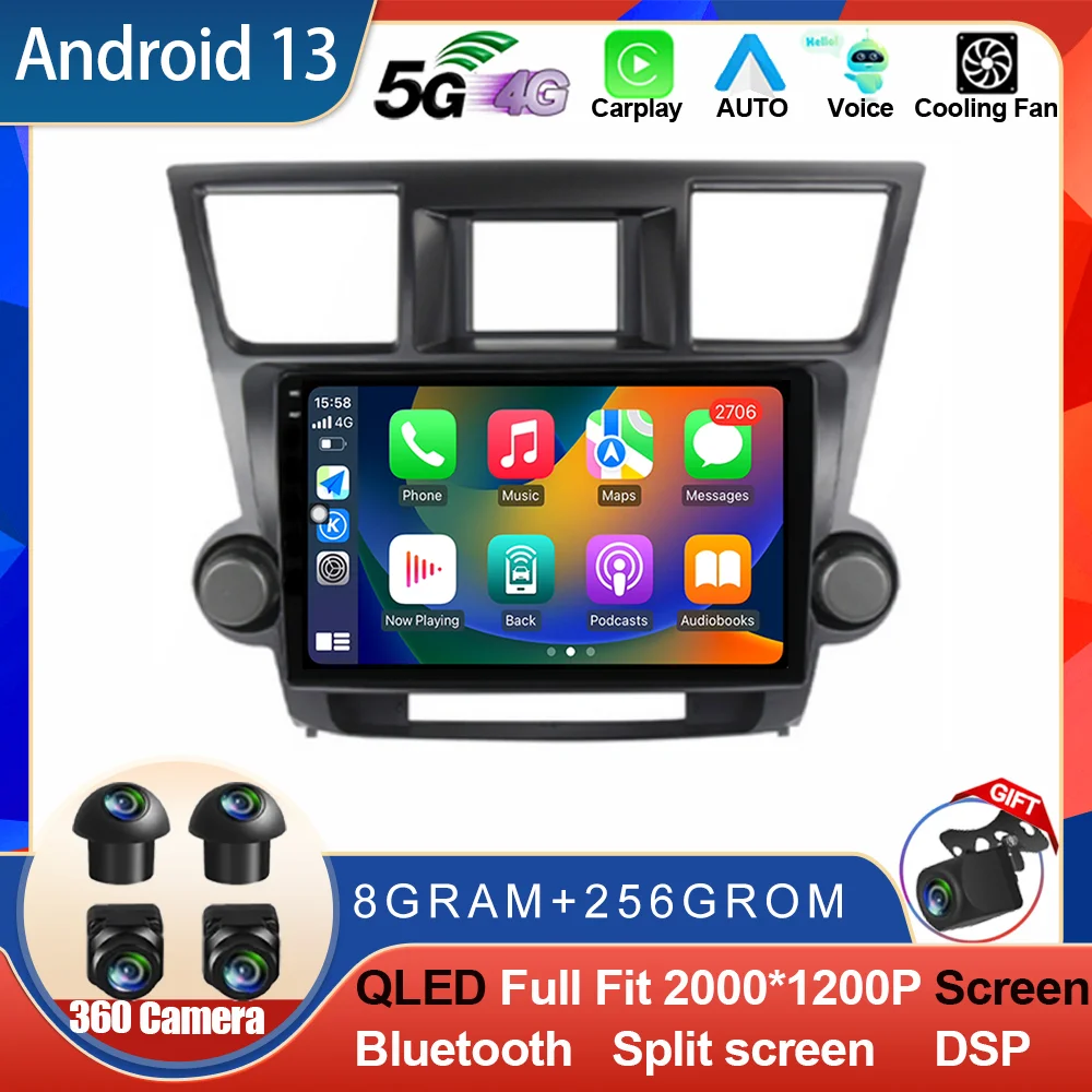 

2Din Android 13 For Toyota Highlander 2009-2014 Car Radio Multimidia Video Player GPS Navigation 2din Carplay Auto Stereo WIFI