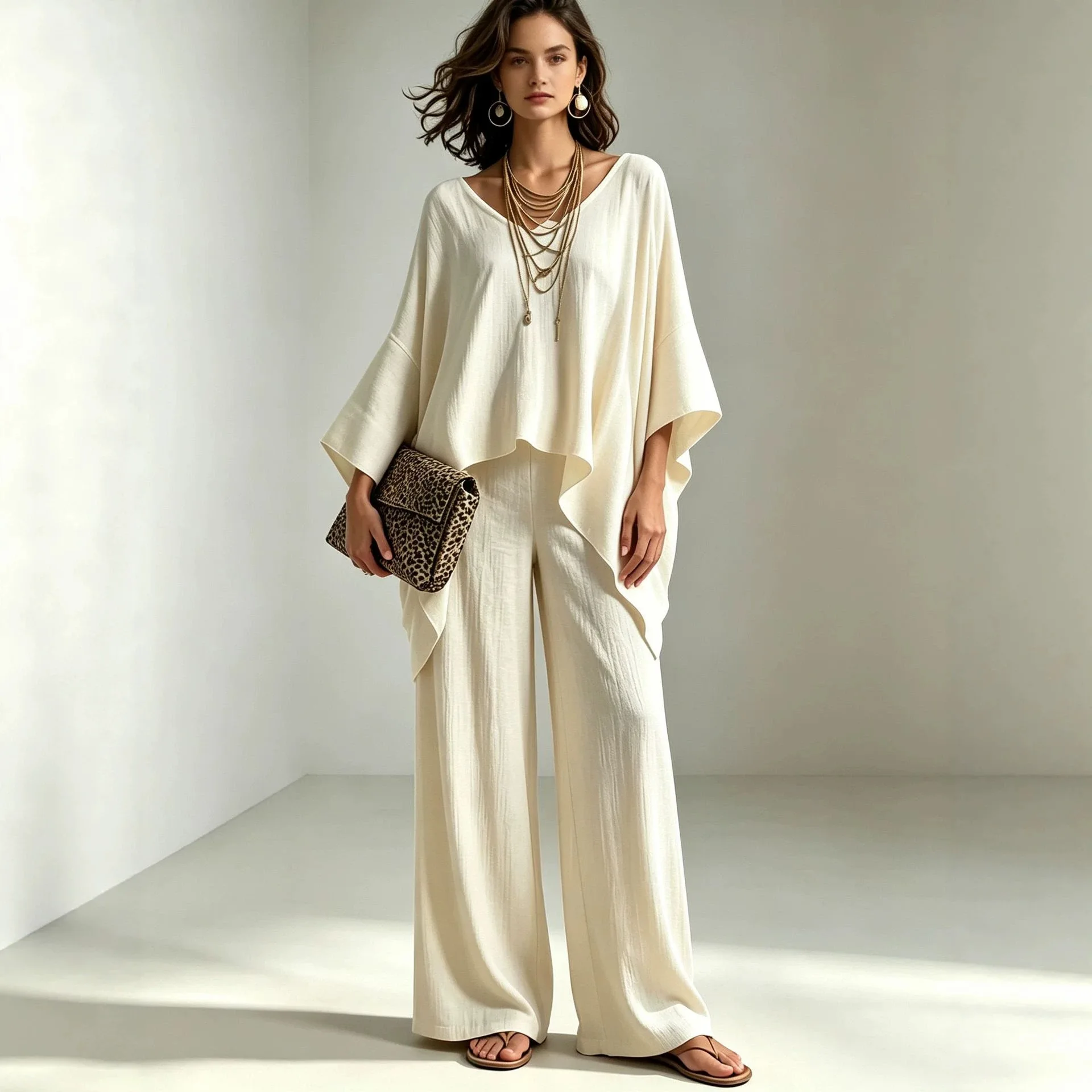 MAISERA Women Cotton Linen 2 Piece Set V‑Neck Batwing Blouse High Waist Wide Leg Pants Loose Casual Beach Vacation Outfit
