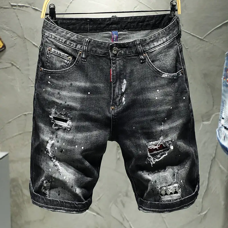 

New European and American cropped pants, denim shorts, cotton stretch, black gray, perforated high-end men's shorts