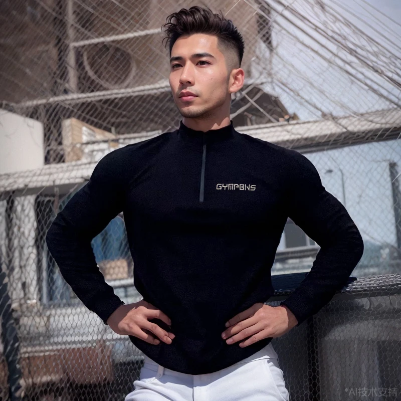 

Leisure sports long sleeve men's half zip stand collar de fleece base shirt autumn and winter high collar long sleeve T-shirt co
