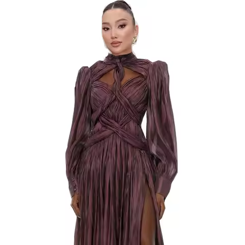 Customized Criss Cross Detail Evening Dress Lantern Sleeve A Line Formal Evening Gown Crepe Bandage Maxi Dresses for Women