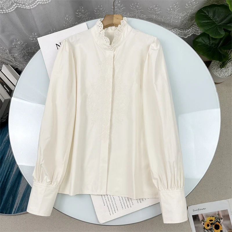 

Elegant Cotton Shirt Women's Long Sleeve Stand Collar Patchwork Wooden Bordered Spring Fashion Essential Wardrobe Item