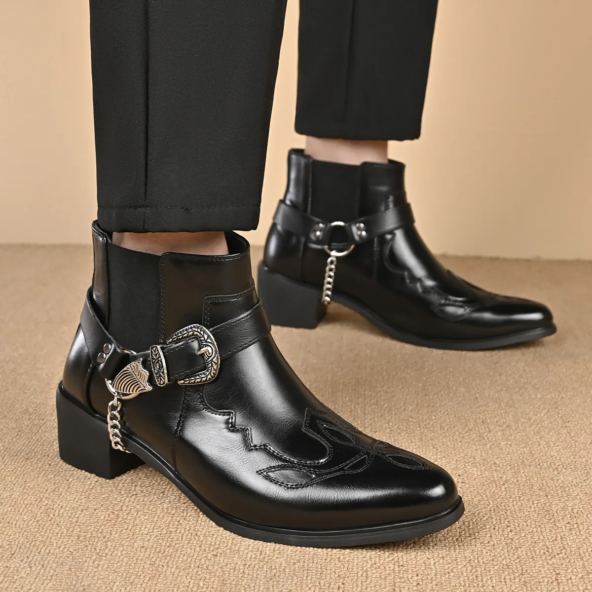 Fashion 2026 Men\'s Vintage Cowboy Boots Leather High Top Chain Buckle Strap Punk Shoes Pointed Toe Biker Ankle Boots for Men