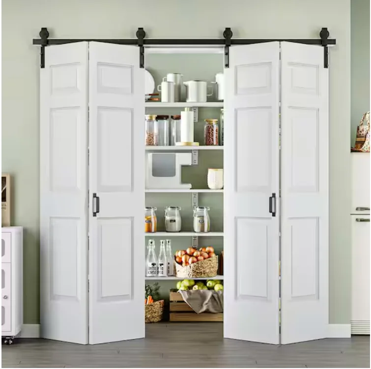 80 in. x 84 in. Paneled 6-Lite White Primed MDF Composite Bi-fold Sliding Barn Door with Hardware Kit and Handle