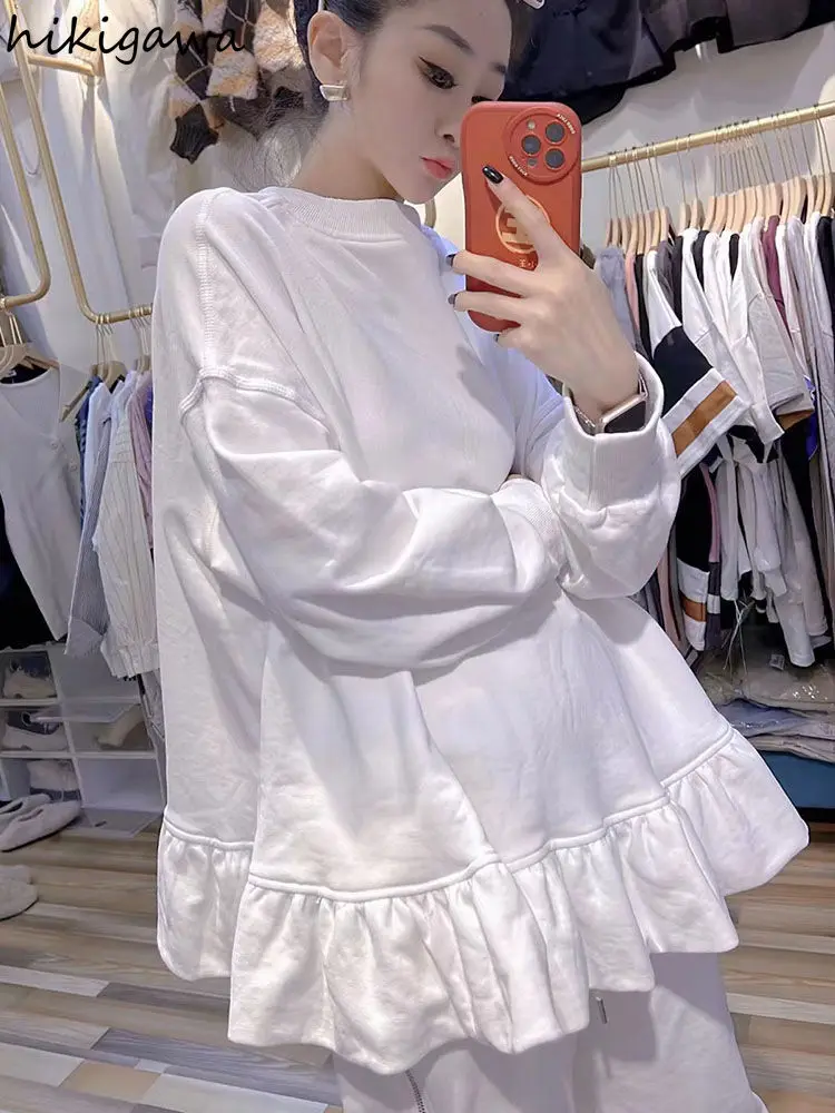 Women Clothing Oversized T Shirts Long Sleeve O-neck White Tees Sweet Ruffles Tops 2024 Ropa Mujer Casual Fashion Y2k Tshirt