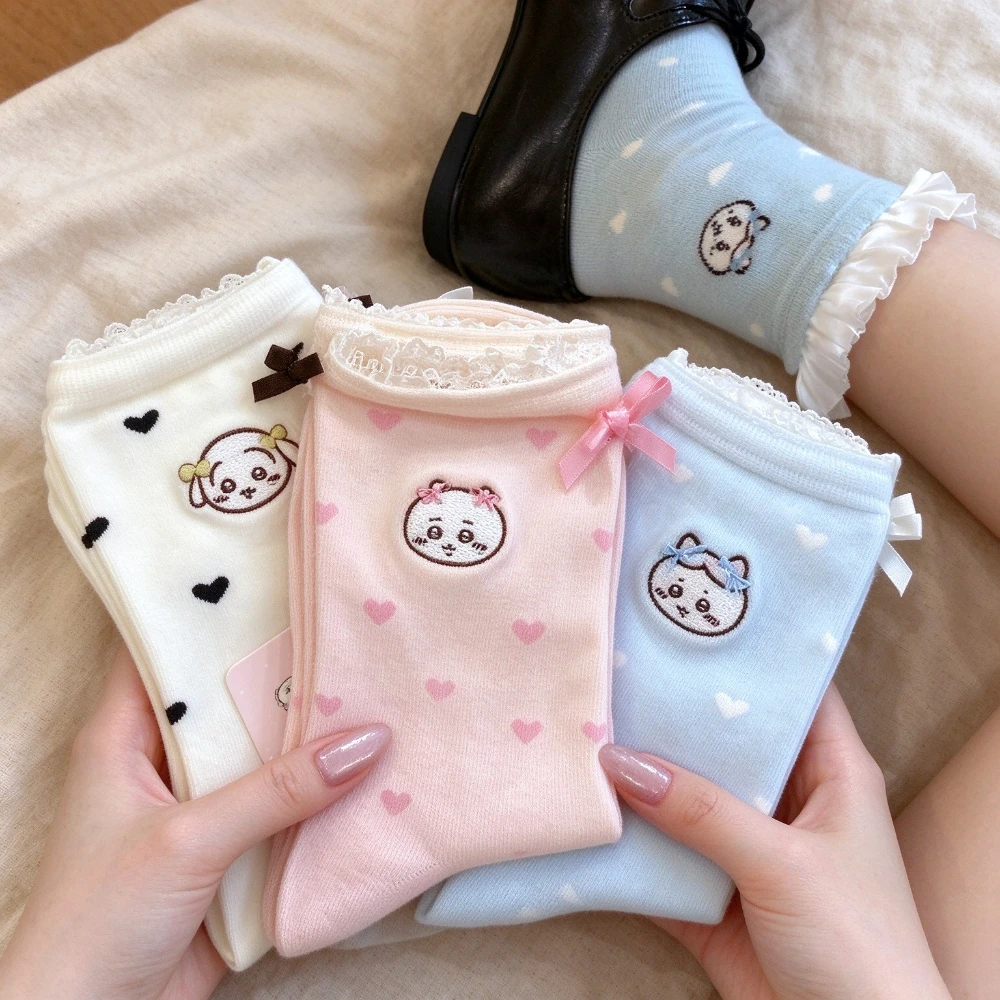 Chiikawa Ruffle Socks Cute Cartoon Hachiware Usagi Middle Tube Socks Bowknot Heart Pattern Cotton Student Girls Ankle Socks Gift