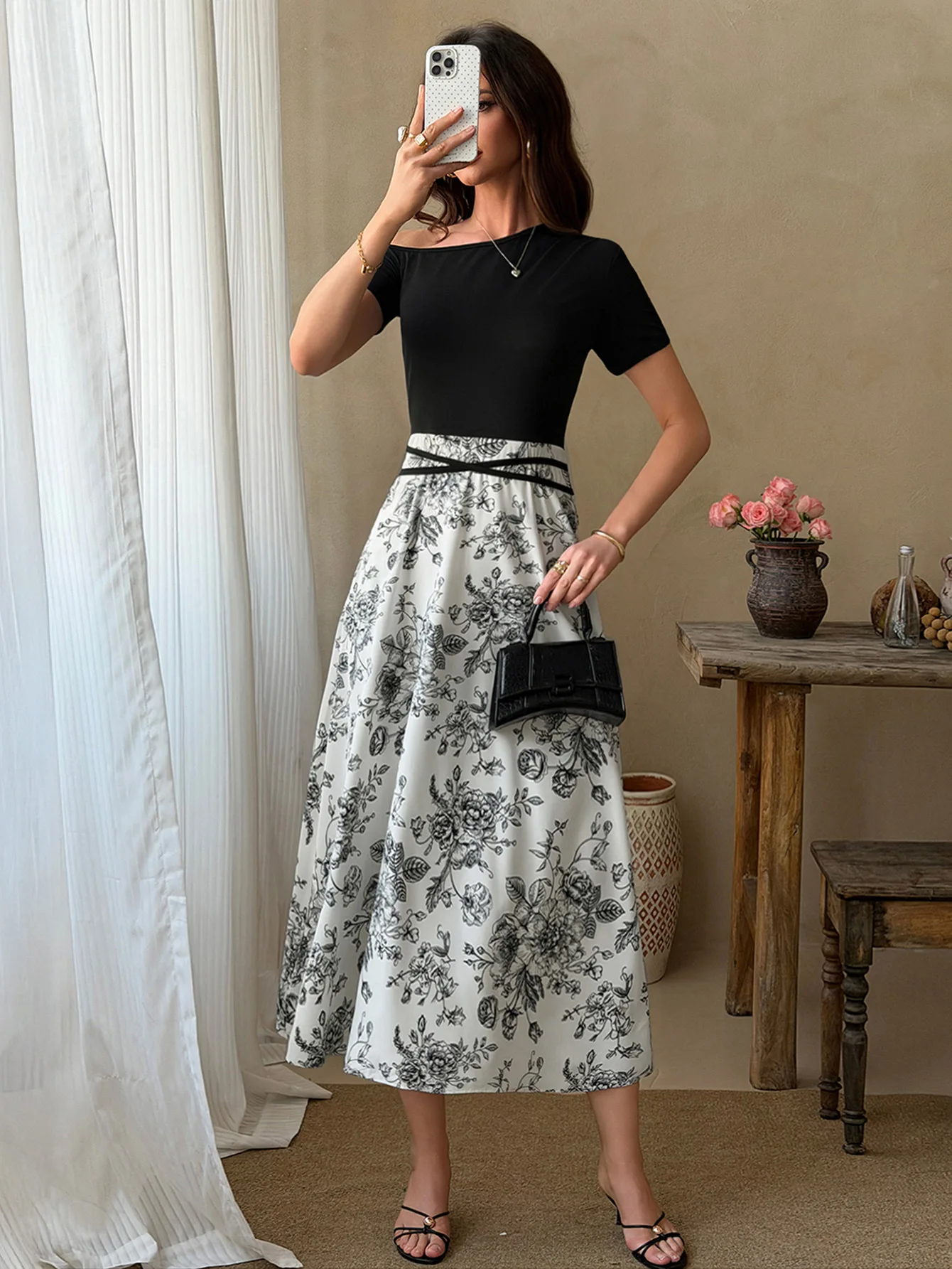 

Women's Dress Summer New Elegant Intellectual Style Solid Color Slant Collar Splicing Flower Print Short Sleeved A-Line Dress