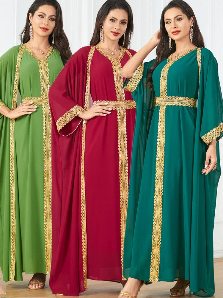 Eid Muslim Party Dress for Women Ramadan Abaya 2 Piece Set Long Robe Belt Morocco Kaftan Vestidos Largos Dubai Jalabiya 2024