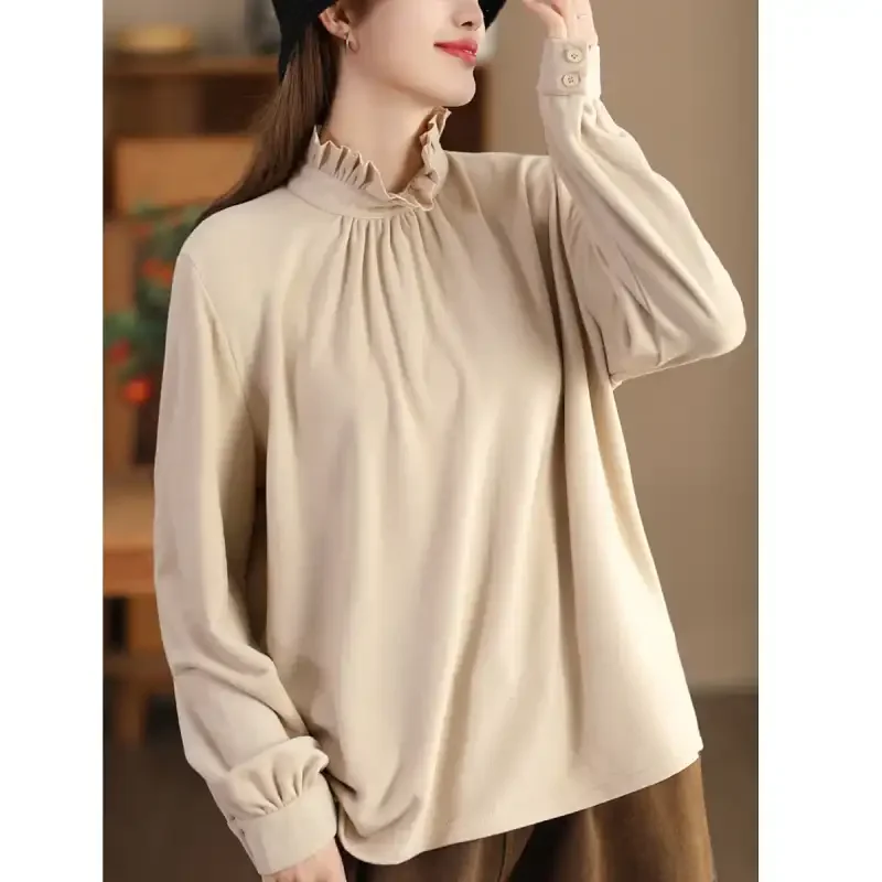 

Elegant Women Blouse With Ruffled Collar Loose Fit Long Sleeve Casual Shirt For Spring And Autumn Wear