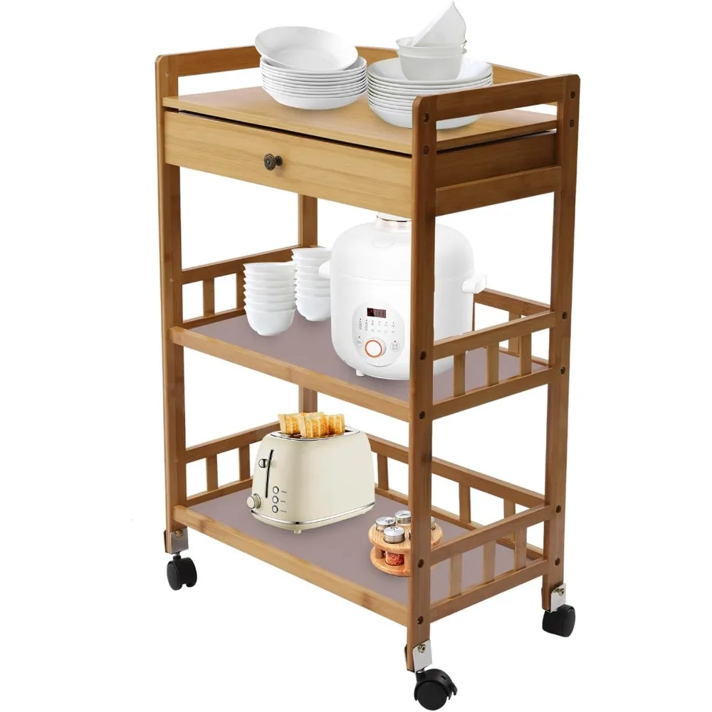 

3 Tier Bamboo Trolley, Portable Removable Kitchen Trolley, Weight Capacity 165 lbs, Storage Organizer Cart with Drawers and Univ