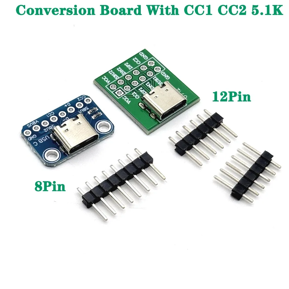 

8Pin 12Pin USB TYPE-C Connector Conversion Board 2.54MM CC1 CC2 5.1K 5V 1.5A Pull-Down Resistor Connection With Needle