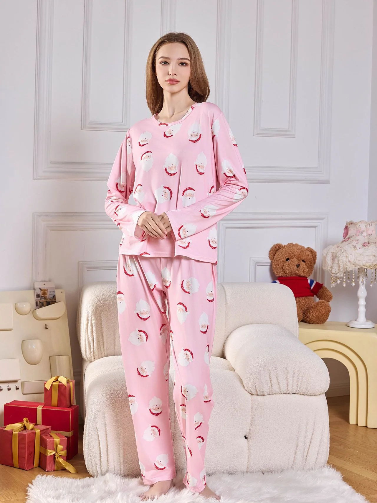 Christmas dress Santa Print women\'s crew neck pink long sleeve T-shirt top and trousers casual women\'s pajamas set