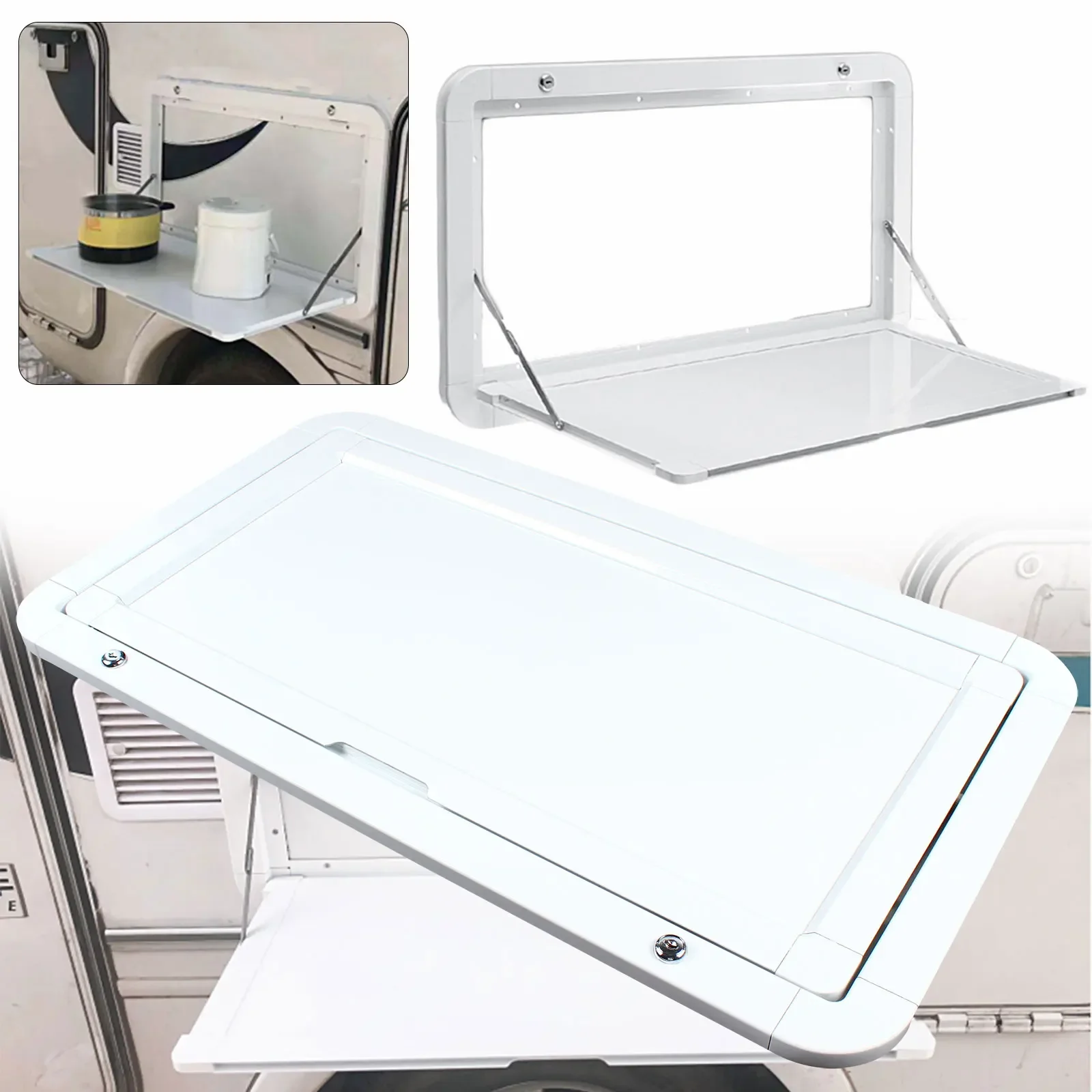 RV Folding Table, Caravan Outdoor Folding External Table With 2 Locks, 55.11lbs Max Load, Aluminum Alloy, White, 800*450mm