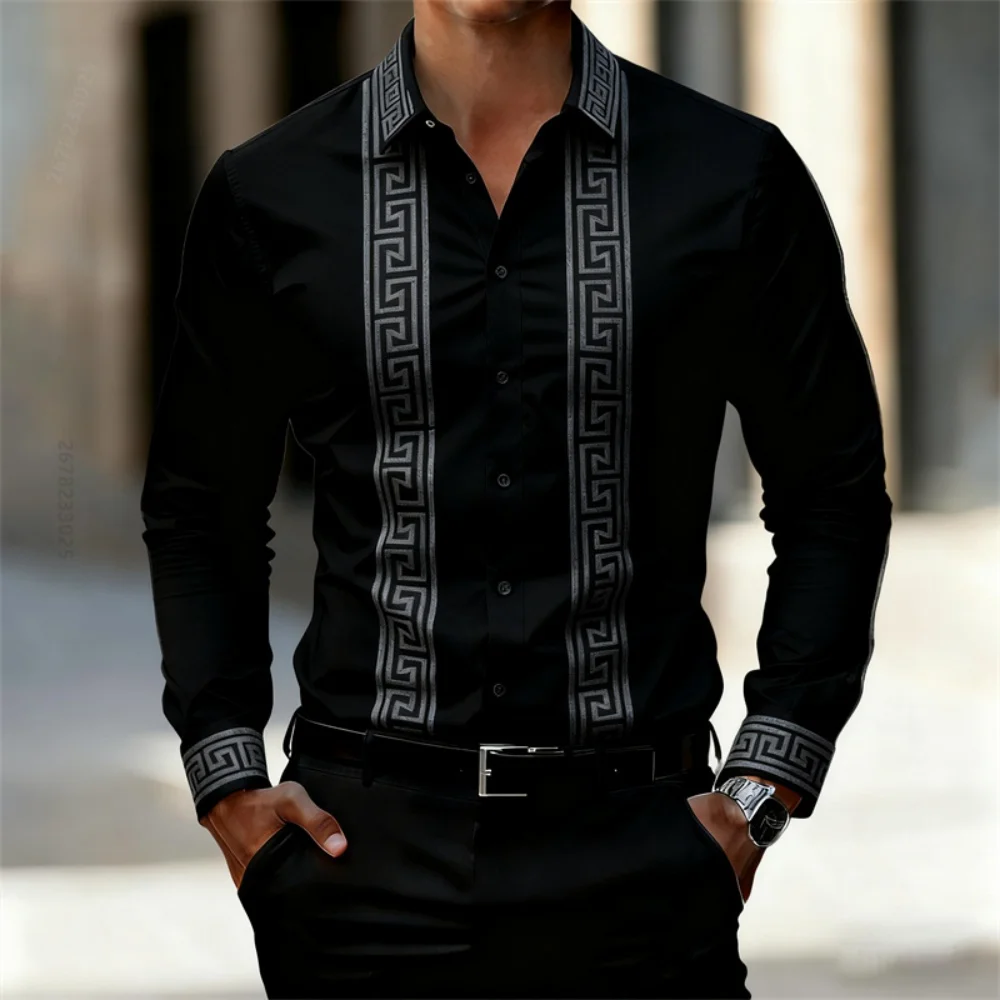 Men's Retro Geometric Print Long-Sleeve Shirt Black and White Color-Blocked Slim Fit Shirt Casual Top Stylish Long-Sleeve Black