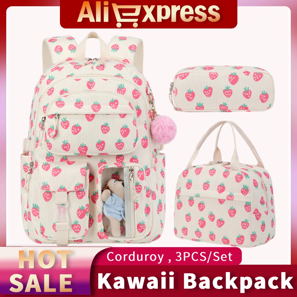 

3-in-1 Corduroy College School Bags with Lunch Box &Pencil Case Cute Girl Backpacks School Bookbag Set for Teens Women Students