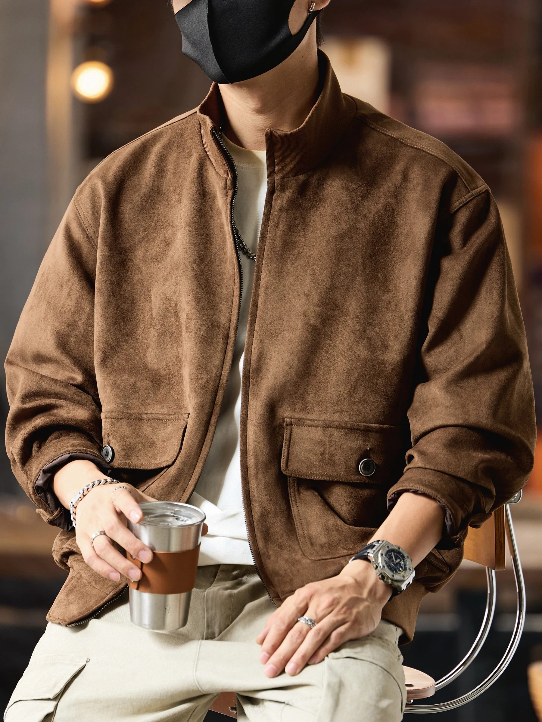 

Retro American Smooth Suede Men's Jaet Outerwear Loose Motorcycle Workwear Top Polyester Fiber Stand Fit Zipper Closure