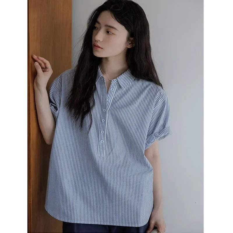 

Women Blue White Striped Half Placket Shirt Casual Loose Roll Up Short Sleeve Blouse