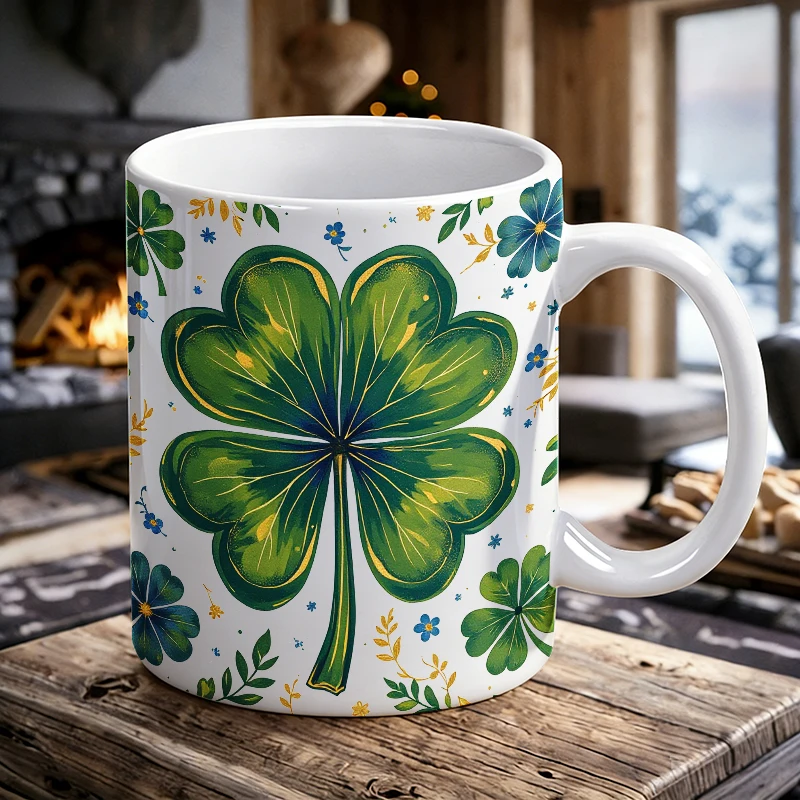 

Four Leaf Clover Print Ceramic Mug St. Patrick's Day Art Coffee Cup, Milk Cup, Office Tea Cup, Gift for Friends, Fade-Resistant
