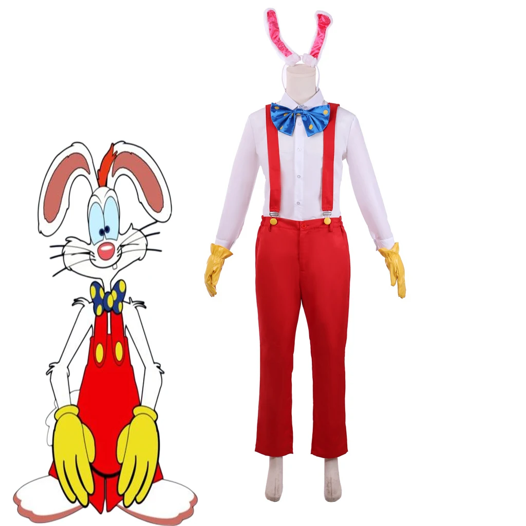 

Who Framed Roger Rabbit Cosplay Costume For Men White Shirt Red Strap Trousers Suits with Gloves Headwear Halloween Party Outfit