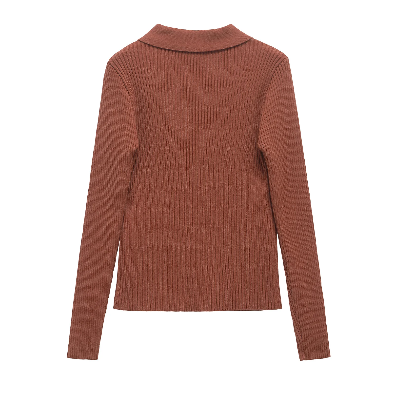 Withered Minimalist T-shirt For Women Brick Red Knitted Rib Tops Vintage Polo Collar Long Sleeve T-shirt 2025 Spring