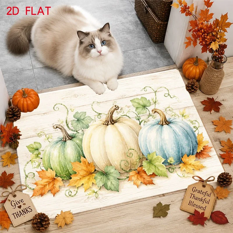 Watercolor Pumpkin Floor Mat Cute Autumn Harvest Leaf Vine Welcome Mats Non Slip Entrance Rug Ground Carpet Bedroom Living