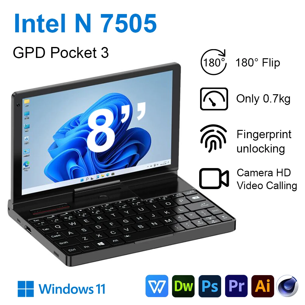 GPD Pocket 3 Mini Przenośny Laptop 8 Calowy Intel Pentium Gold 7505 Notebook 16GB LPDDR4*3733 MHz NVMe 180 ° Składane laptopy biznesowe