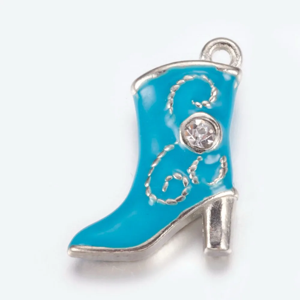 2pcs Alloy Enamel Pendants Cadmium Free Lead Free with Rhinestones  color Boot Deep Sky Blue 16mm wide 21mm long hole: 1mm