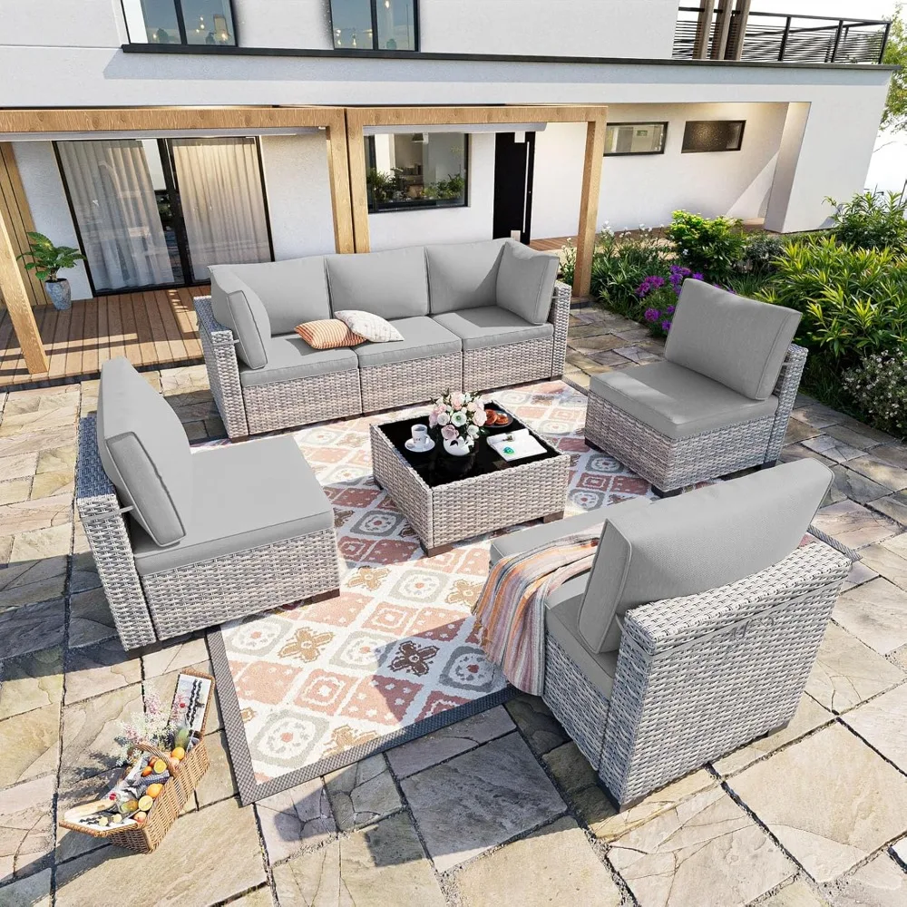 7-Piece Patio Furniture Set, Outdoor with Thick Cushions, Modular Patio Sofa, Dual-Strand Wicker Rattan, Rust-Resistant Frame.