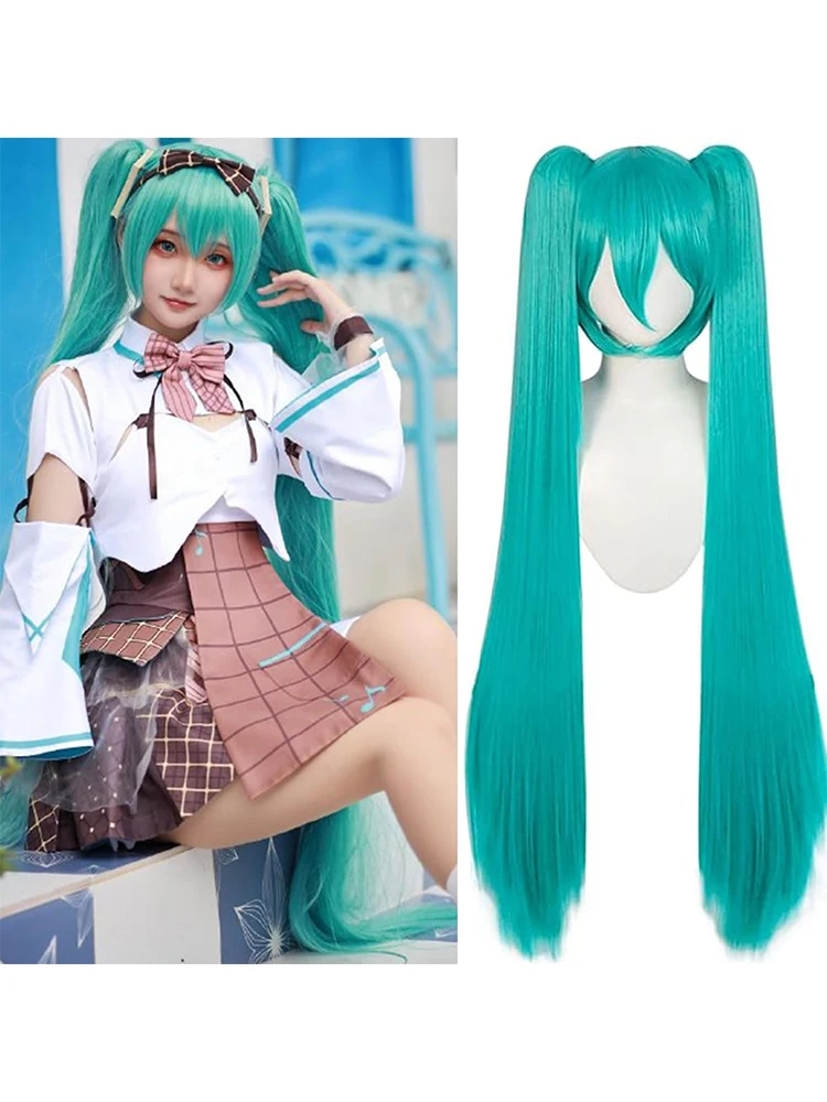 Synthetic Green Wigs +Hair Cap Long Greenish Wig with 2 Ponytails for Women Straight Bangs Cosplay Halloween Christmas Party