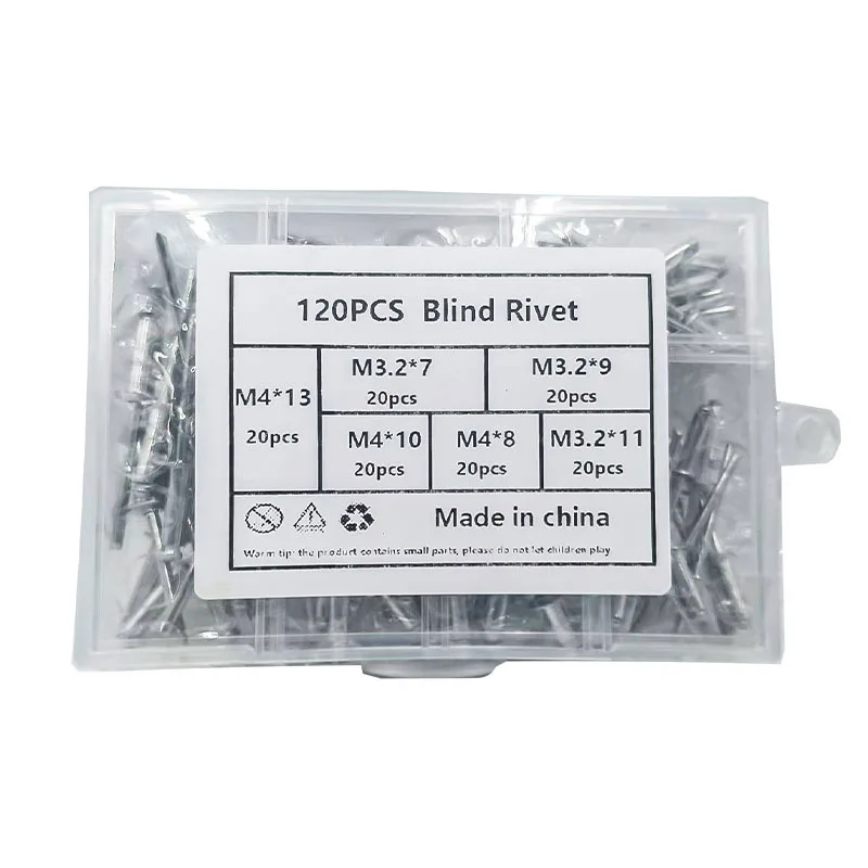120Pcs Aluminum Alloy Pop Rivets Assortment Kit M3.2 M4 Dome Head Blind Rivet Fasteners Set for Furniture Repair Tools Box