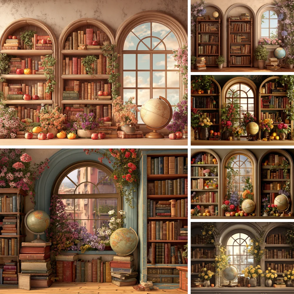 

Bookshelf Backdrop Photography Autumn City Sky Children Baby Shower Party Birthday Background Window Flowers Leaves Decor Banner