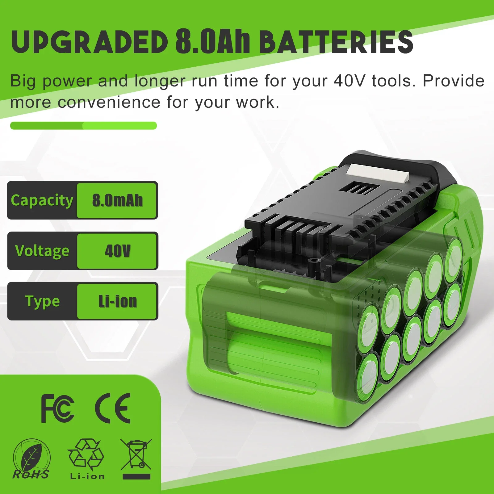 Akumulator Greenworks 40V 8.0Ah Li-ion do GreenWorks 29462 29472 29282 G-MAX GMAX, do kosiarek i elektronarzędzi. — zdjęcie produktu 2