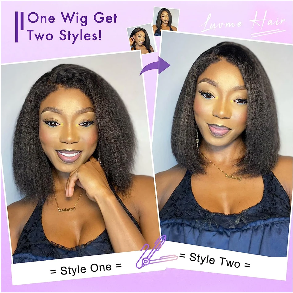 13X4 Glueless Kinky Straight Frontal Wigs 100% Human Hair Ready To Wear Bob Peruvain Hair Yaki Straight Wigs For Women On Sale image 3