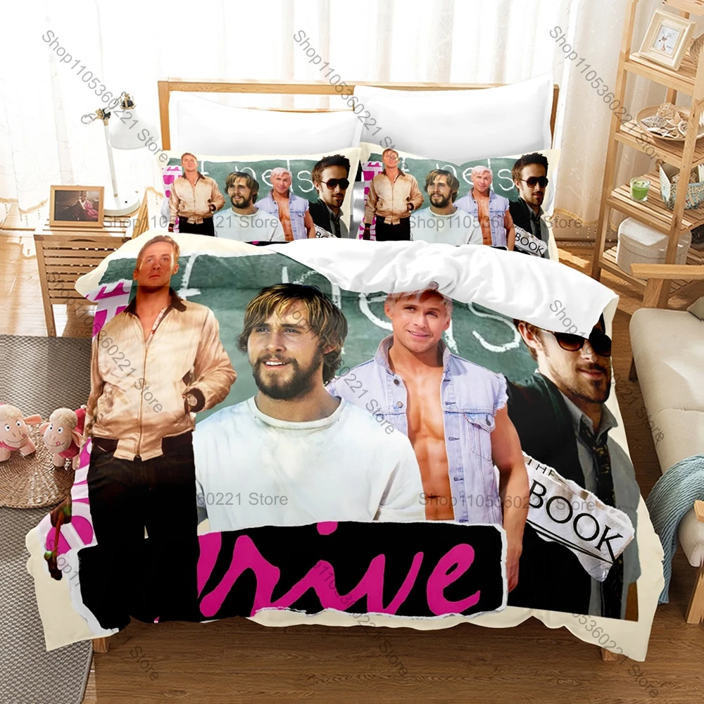 Canadian Actor Ryan Gosling Duvet Cover + 2 Pillowcases, Star Portrait Print Cozy Bedding for Film Lovers Daily Use