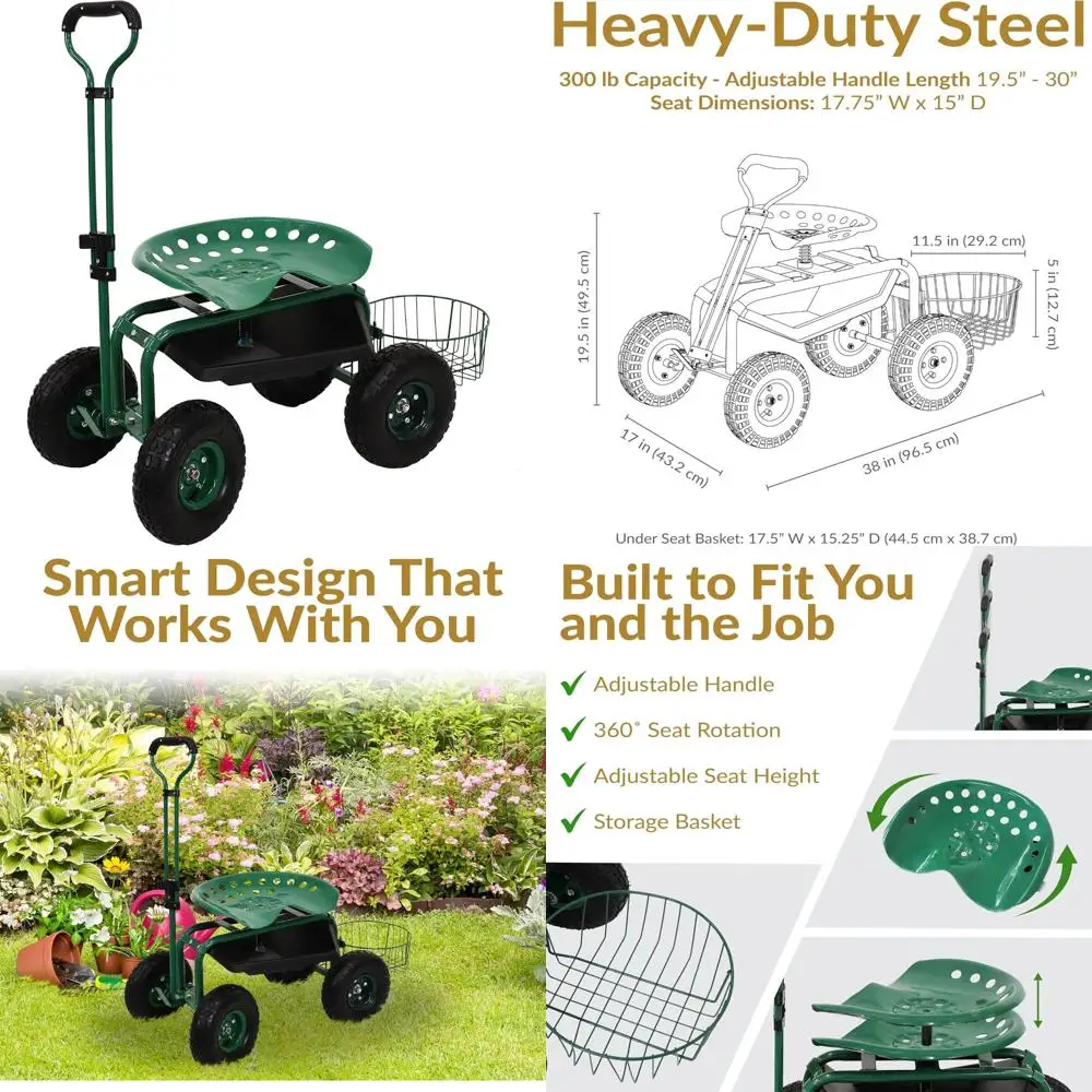 

Rolling Garden Seat with Extendable Handle and Swivel on Green Wheels for Easy Gardening