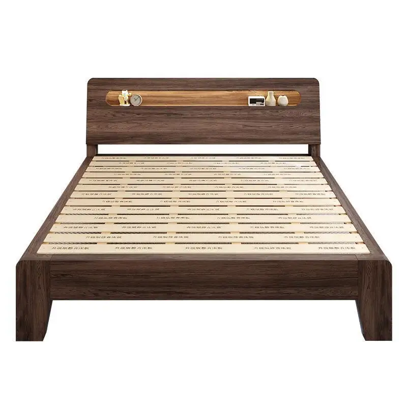 

Solid wood bed walnut household bedroom 1.5m board type double single bed rack
