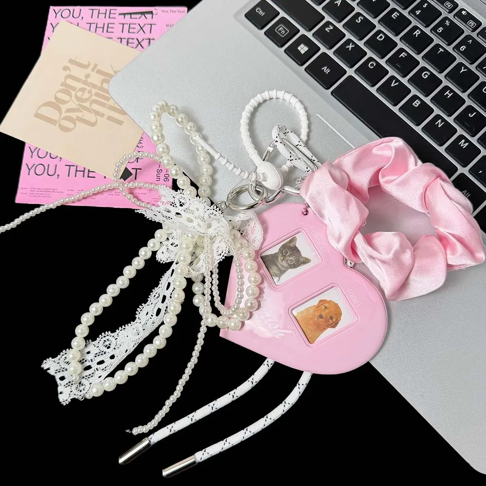 甘いフレンチレースパールキーホルダーバッグチャームピンクハートカードホルダー美的かわいいペンダントアクセサリー女性用バッグ