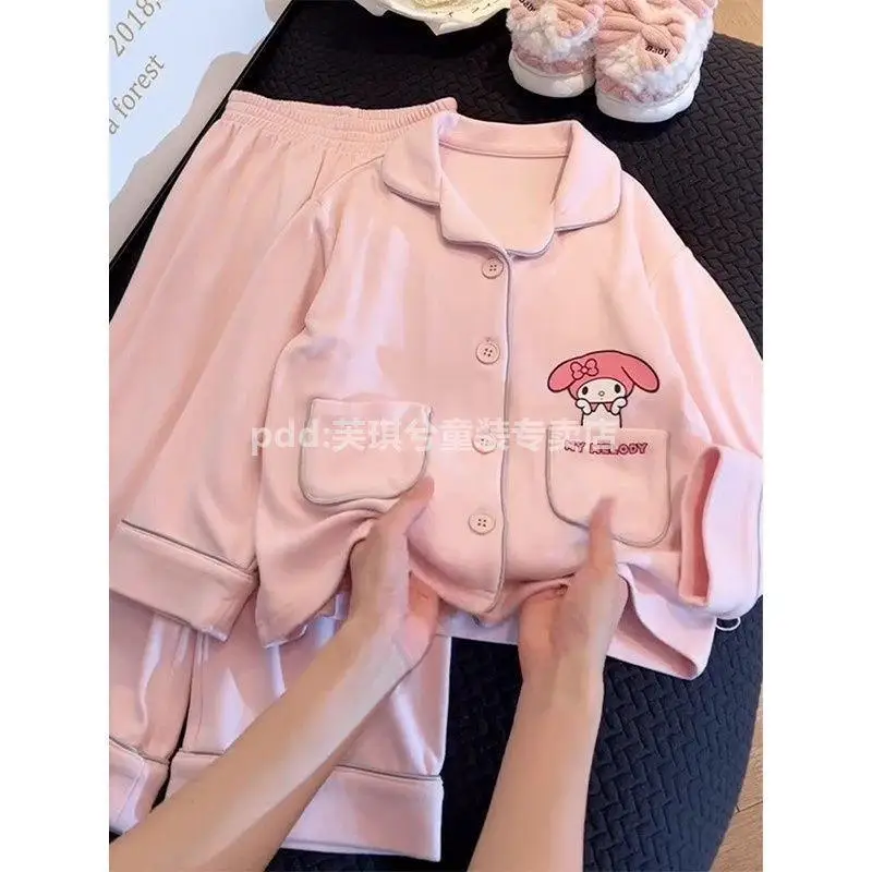 سانريو بنات كم طويل 2 قطعة بلدي ميلودي الأطفال نمط جديد منامة مرحبا كيتي فتاة موضة منامة ديفز الكرتون ملابس المنزل #3