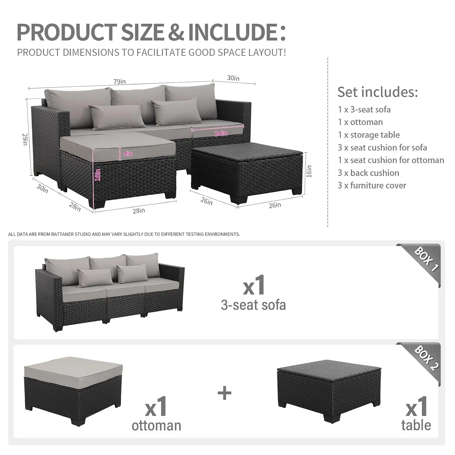 3-Seat Wicker Patio Sofa Set with Storage Ottoman & Waterproof Cushion Covers, Light Grey, Customized