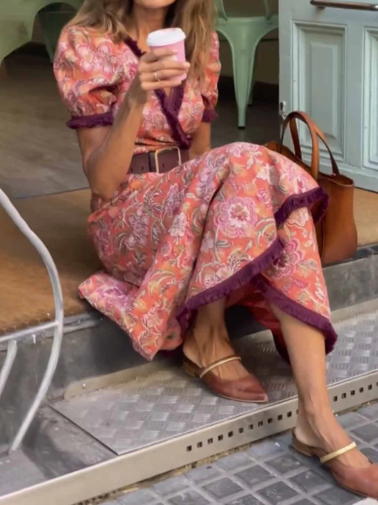 Spring Summer New Bohemian Pattern Print Long Dress Casual V Neck Irregular Fit Dress Elegant Puff Sleeve Vacation Dress