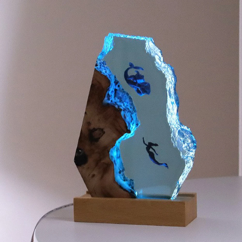 Lámpara de decoración de arte creactivo, luz de mesa de resina de organismo del mundo marino, luz nocturna subacuática con tema de sirena, carga USB