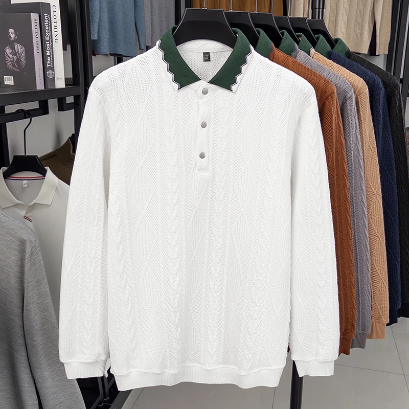 Maglione da uomo con risvolto a blocchi di colore di personalità, polo casual a maniche lunghe di lusso in jacquard tinta unita lavorato a maglia premium